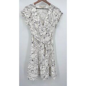 Monteau Linen Blend Dress Women Small Ivory Floral V-Neck Belted Knee Length